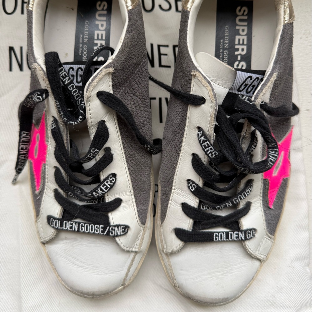 Golden Goose Sneakers with Neon Pink Star and Gray Panels